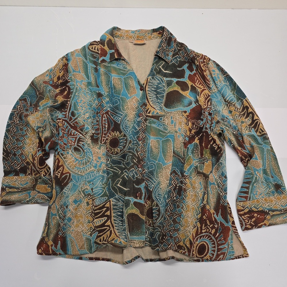 Tianello Soul of Africa Suzy Blouse Large Brown Blue Tribal Print Tencel Rayon